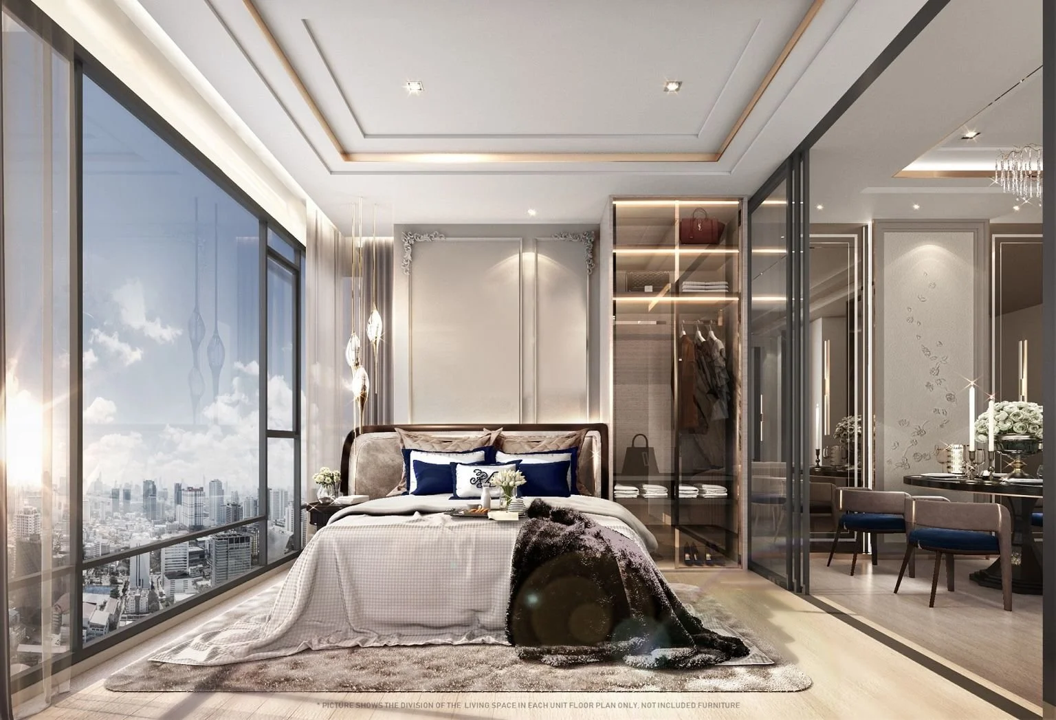 1-bedroom interior at The Address Siam–Ratchathewi with bed, wardrobe and full-height windows overlooking the Bangkok skyline.