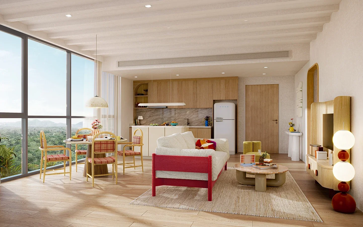 Contemporary living and dining area at The Standard Residences Hua Hin with floor-to-ceiling windows.