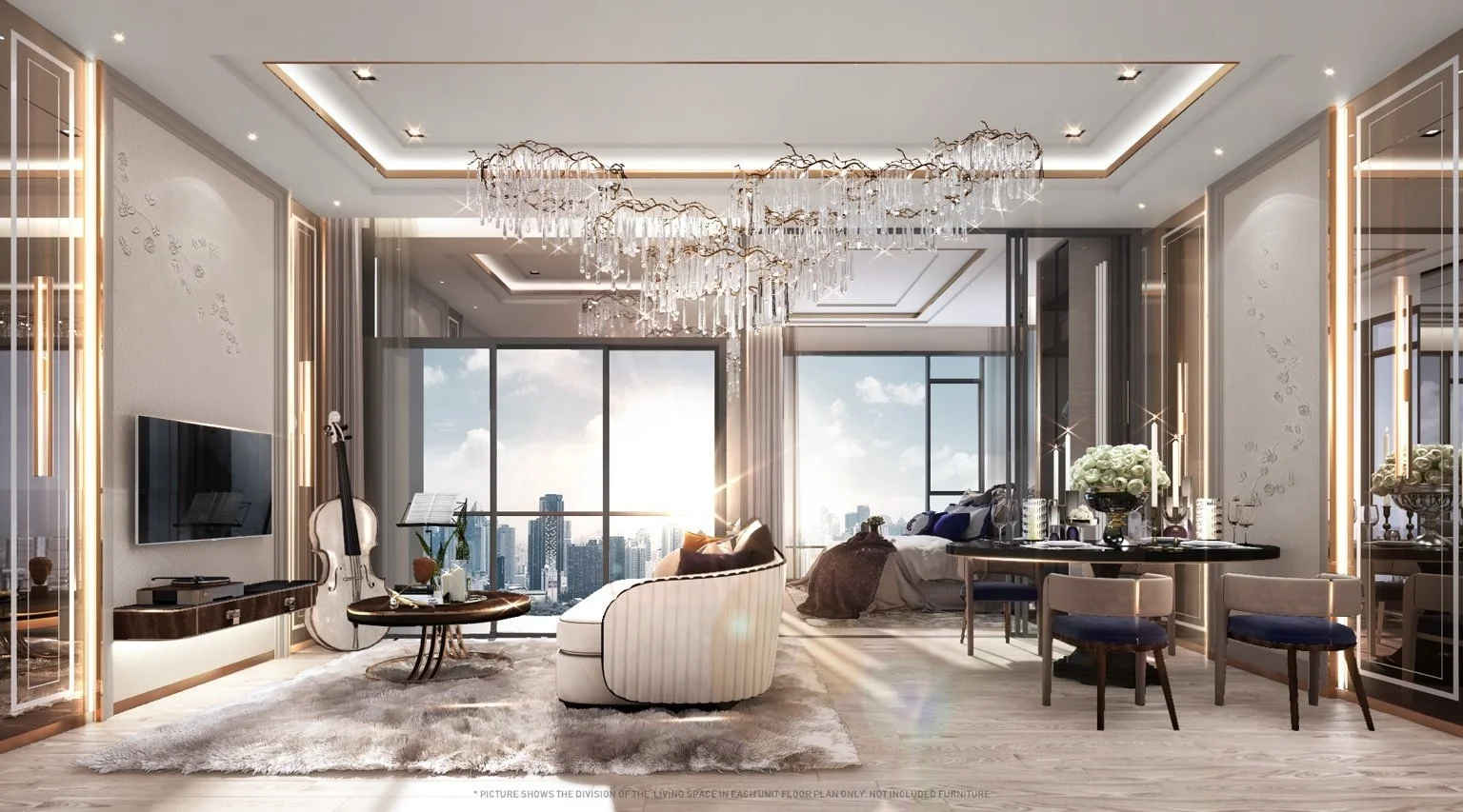 Open-plan 1-bedroom interior at The Address Siam–Ratchathewi with living area, dining space, bed and skyline-facing windows.