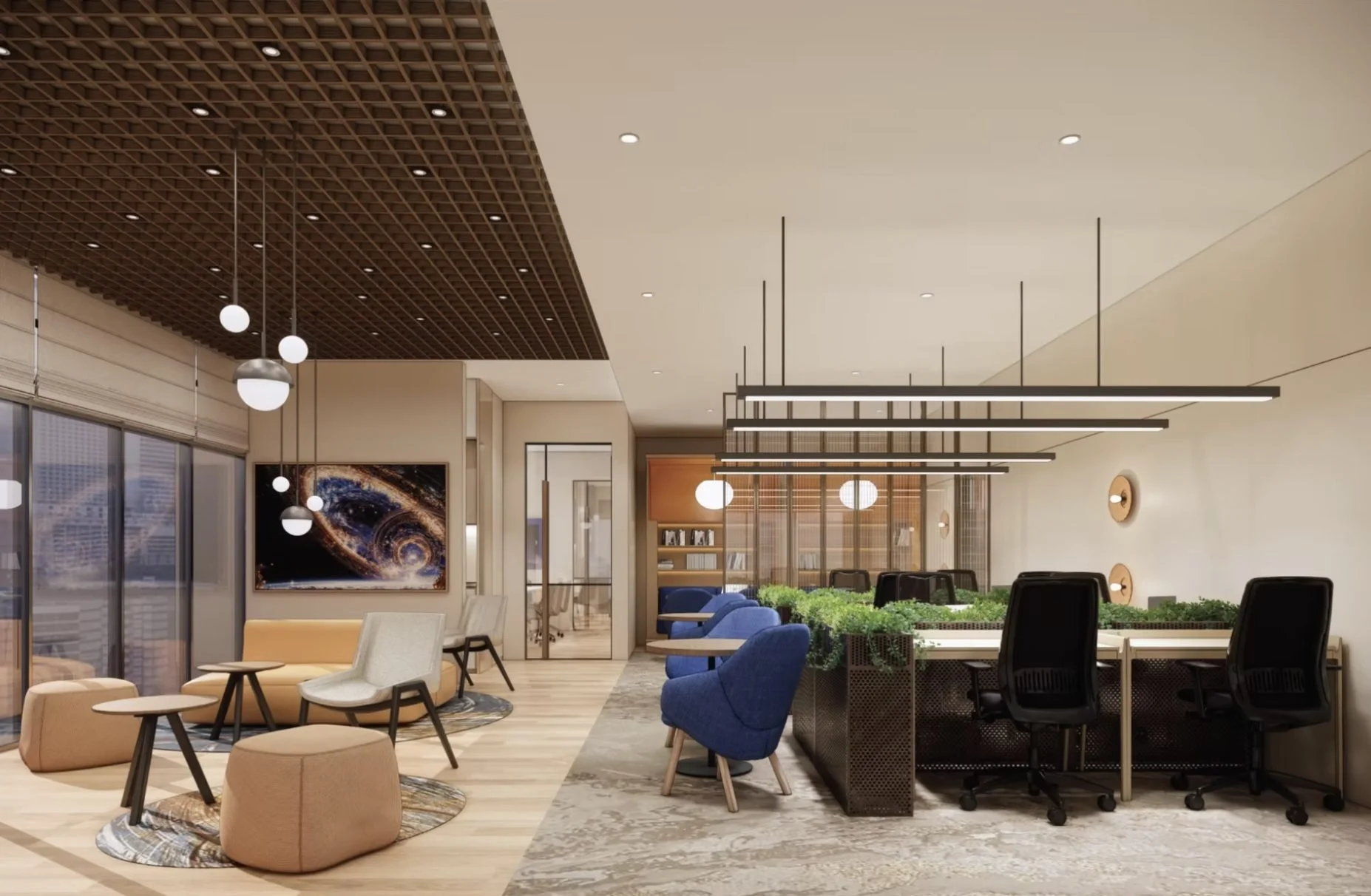 Business lounge and co-working space at The Arden Johor Bahru with shared workstations and lounge seating.
