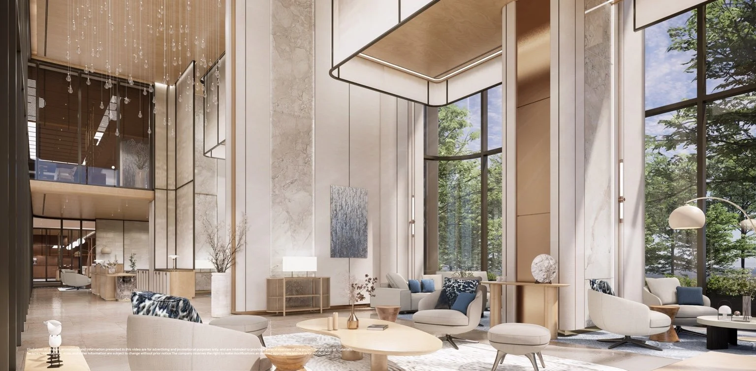 Double-height lobby lounge render with floor-to-ceiling glazing and seating area.