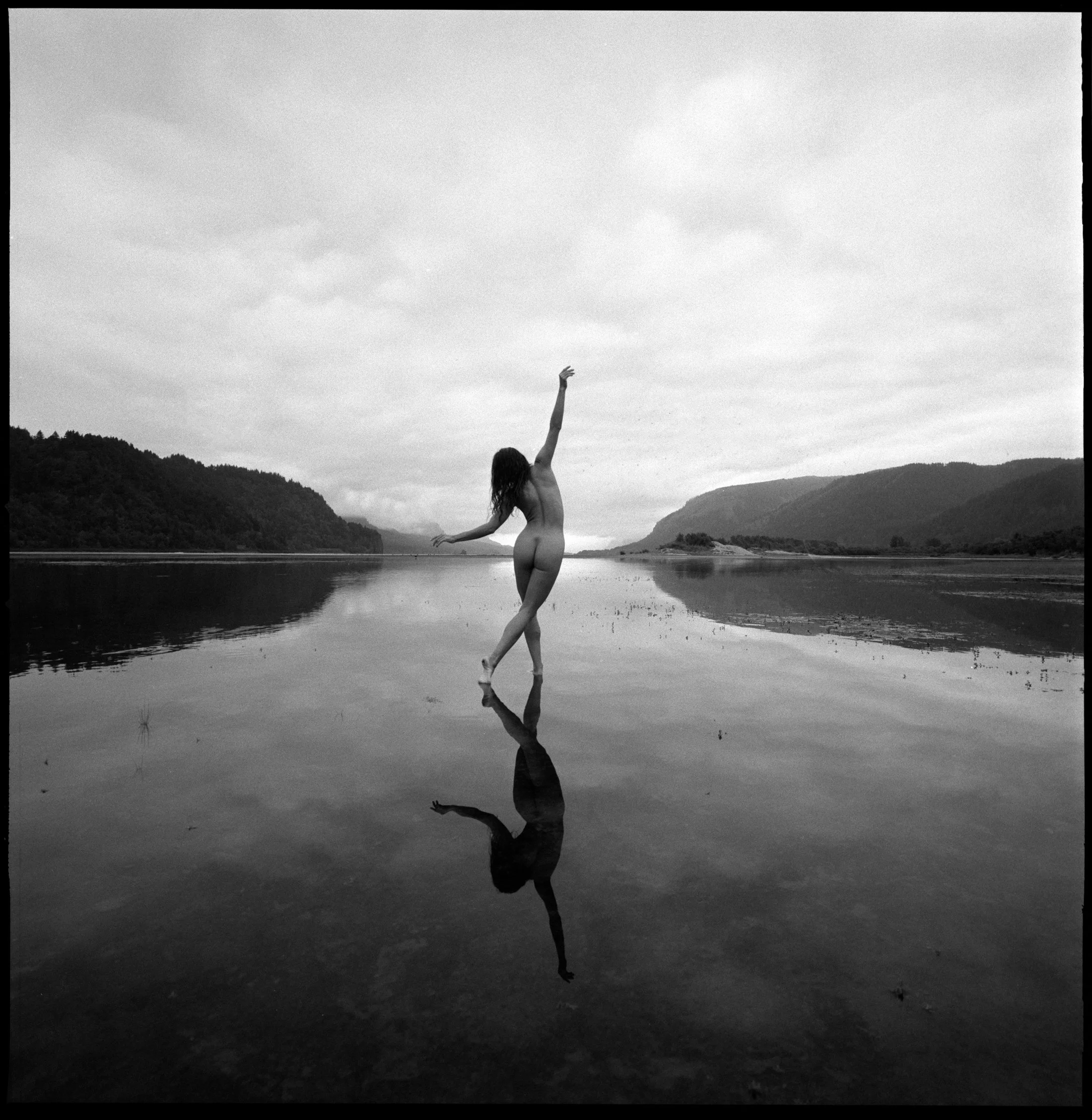 Fine art nude model Evan Luna photographed at Rooster Rock State Park near Portland Oregon with a Hasselblad 500 SWC