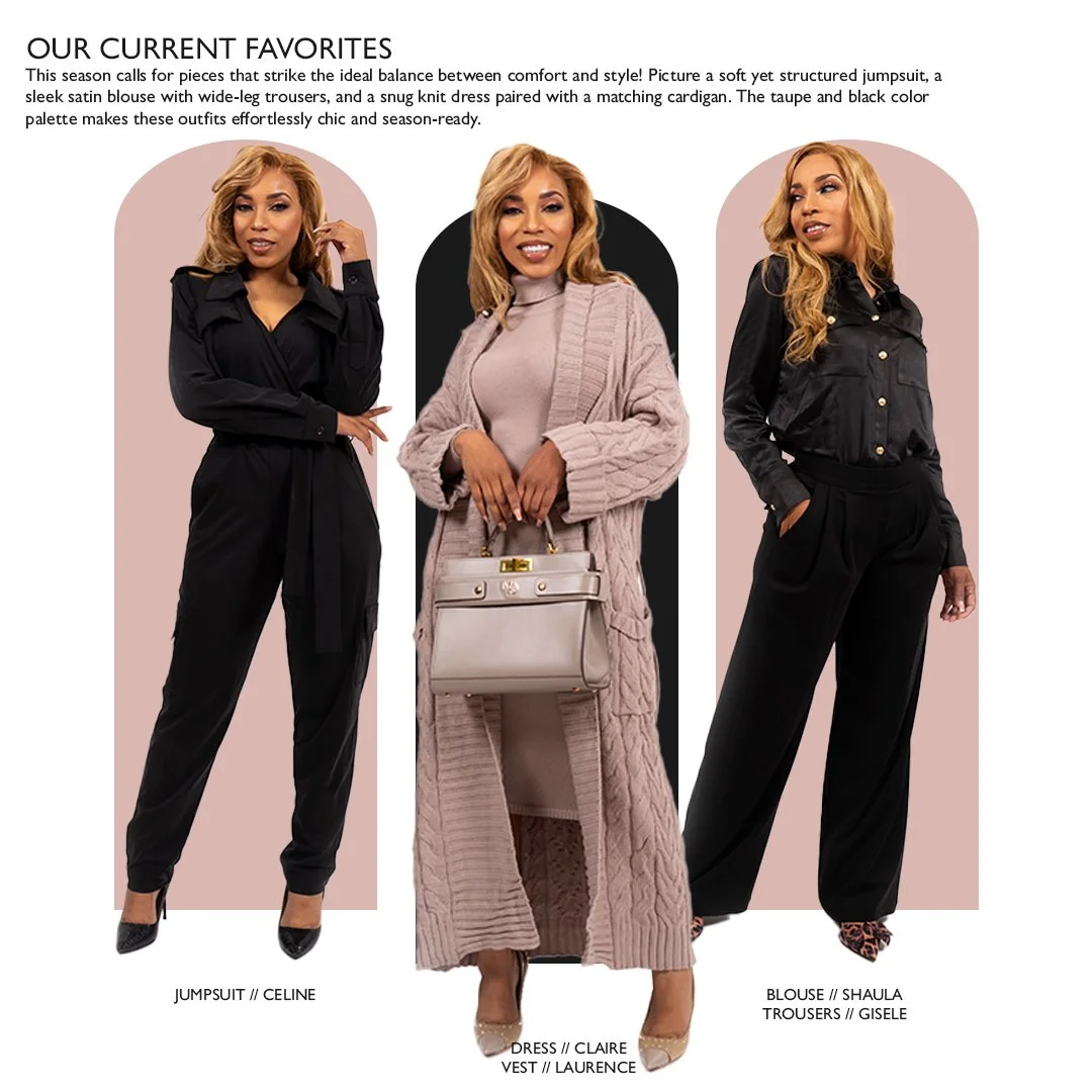 Three women modeling fall outfits against pink and black backgrounds. The left woman wears a black jumpsuit with Western shoulder details and high heels. The middle woman wears a beige quilted dress with matching vest, carrying a light-colored handba