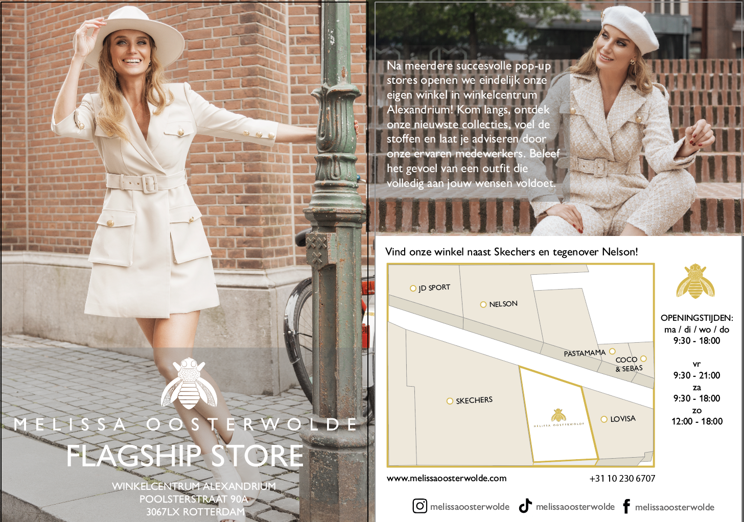 Two women wearing fashionable outfits and hats, sitting and standing on a city street with a brick background, promoting Melissa Oosterwolde's flagship store in Rotterdam.