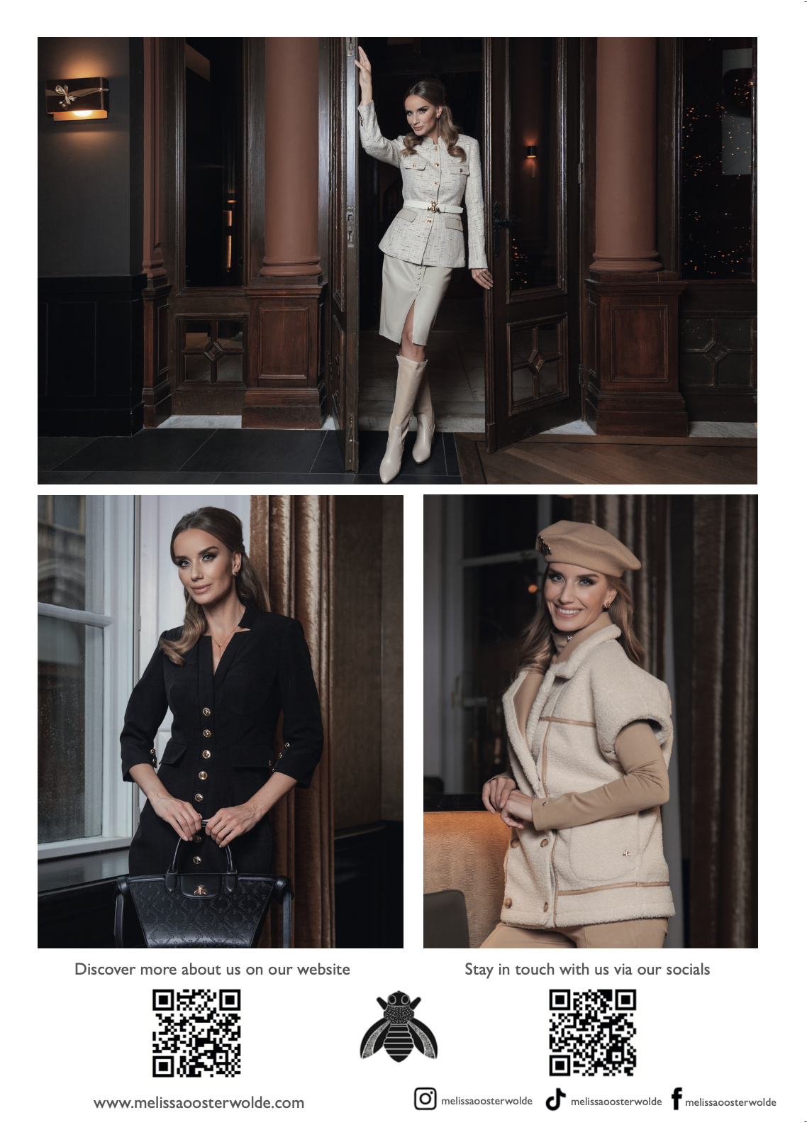 Three women modeling stylish fall or winter outfits in elegant indoor settings. The first woman stands in a doorway wearing a beige blazer, skirt, and boots. The second woman stands by a window in a dark blazer dress holding a black handbag. The third woman wears a beige vest, hat, and matching top, smiling near a curtain.