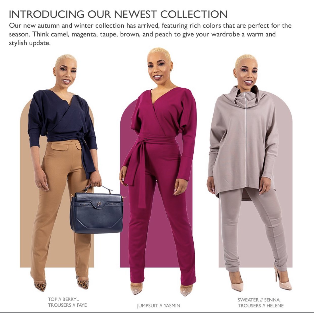 Image showcasing three women modeling fall fashion outfits. The first woman wears a navy wrap-top with beige trousers and leopard-print heels, carrying a navy handbag. The second woman wears a magenta jumpsuit with long sleeves and a waist tie, paire