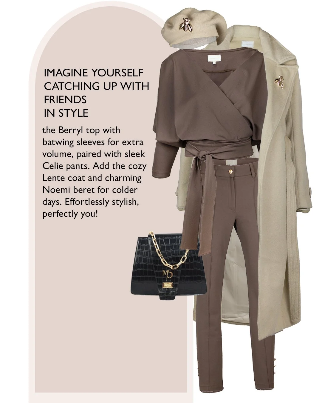 Outfit display with beige coat, taupe top and pants, matching beret with bee embellishment, black handbag with gold chain, and text about stylish layered outfit for cooler days.