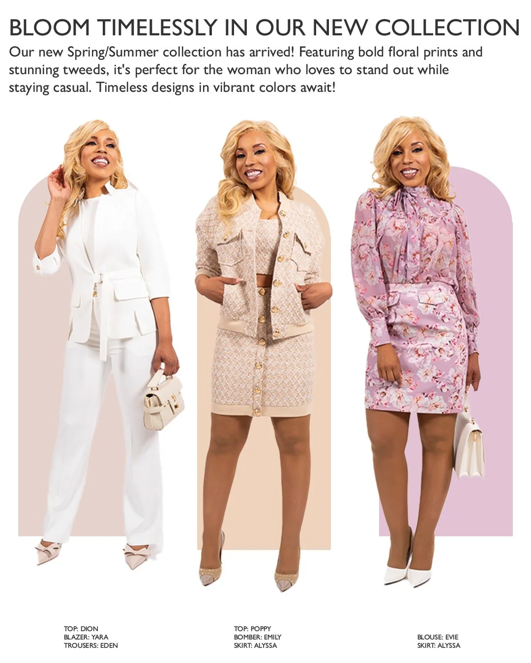 Three women dressed in spring and summer fashion outfits, standing in front of pastel-colored background, modeling floral prints and stylish, casual, chic clothing.