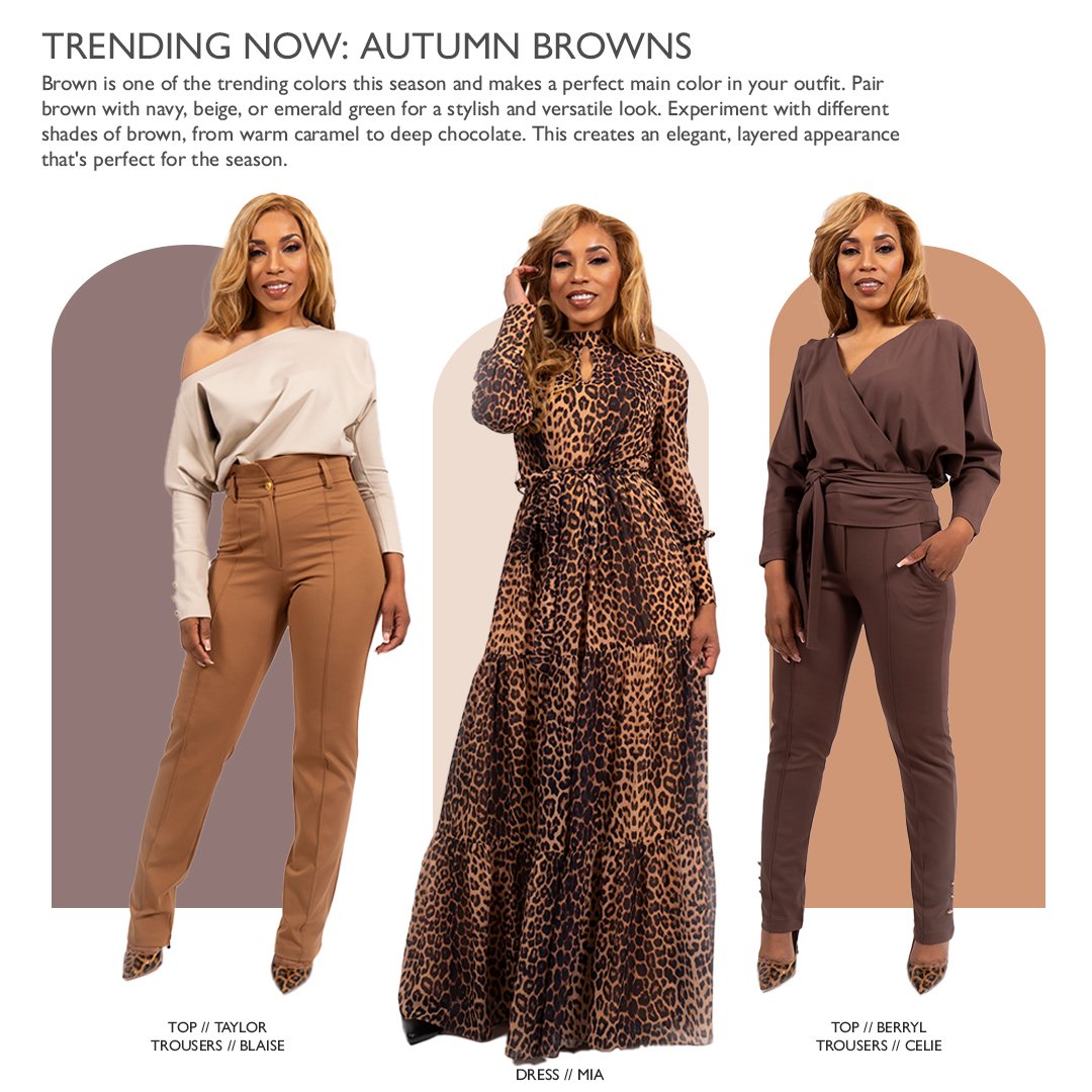 Fashion display featuring three women wearing autumn brown tones. The first woman on the left wears a beige top with camel-colored trousers and animal print shoes. The middle woman wears a long leopard print dress. The woman on the right wears a brow