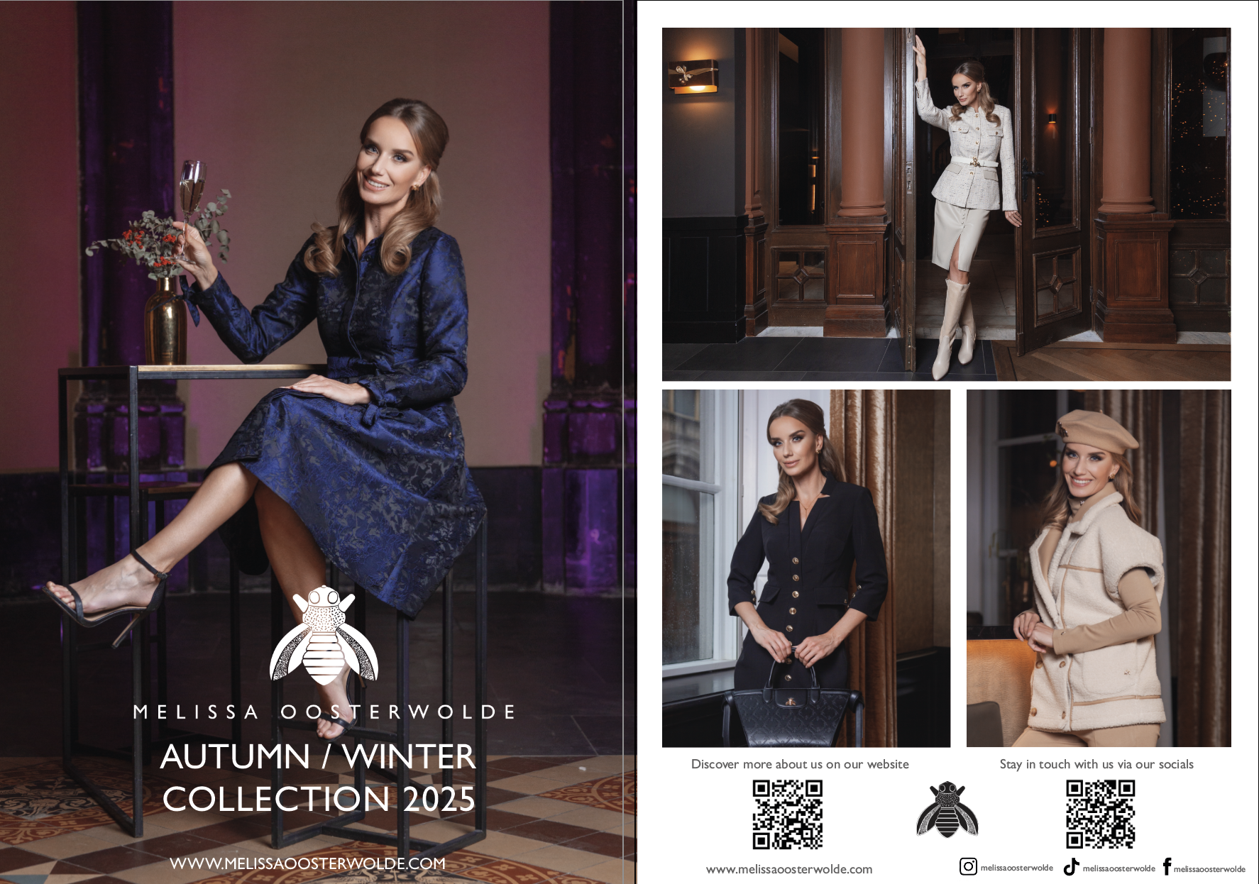 Fashion brochure for Melissa Oosterwolde showcasing Autumn/Winter Collection 2025 with four images of a woman modeling different outfits in elegant settings and QR codes for website and social media.