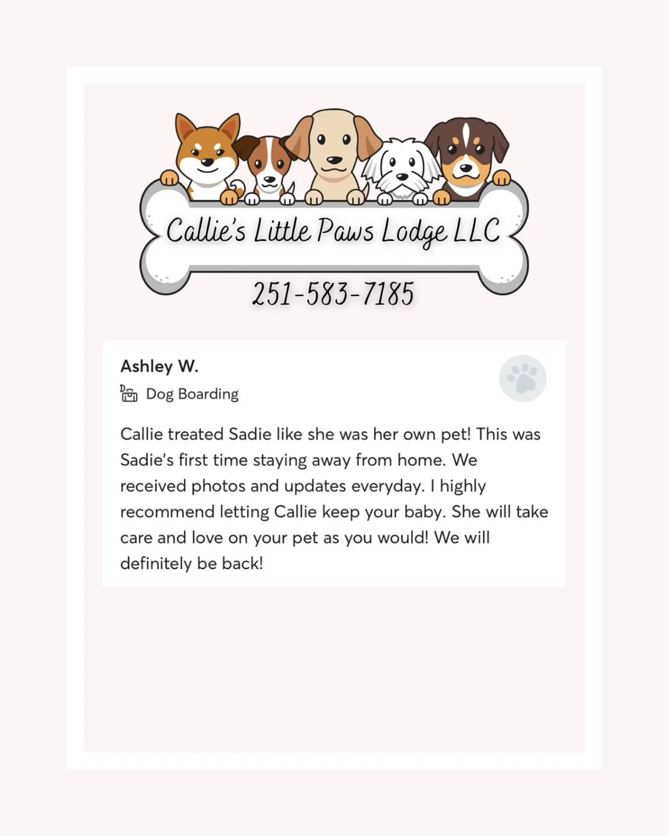 📌 Testimonial Tuesday! 📌
Super grateful to the clients who take the time to share their experience with Callie&rsquo;s Little Paws Lodge! It helps to spread the word to other pet parents looking for a home away from home for their pups too! ❤️
