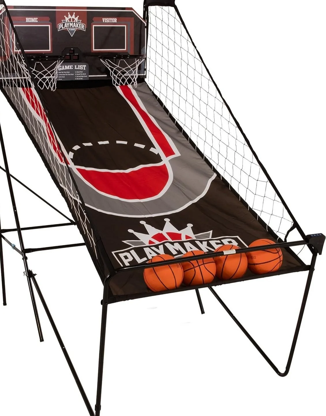 Indoor arcade basketball game with two hoops and scoreboard.