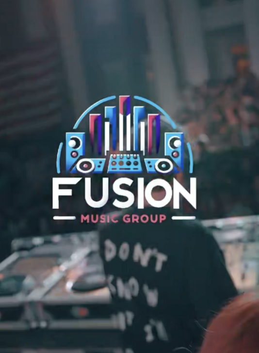 Fusion Music Group logo with sound equipment illustration overlay on a concert background.