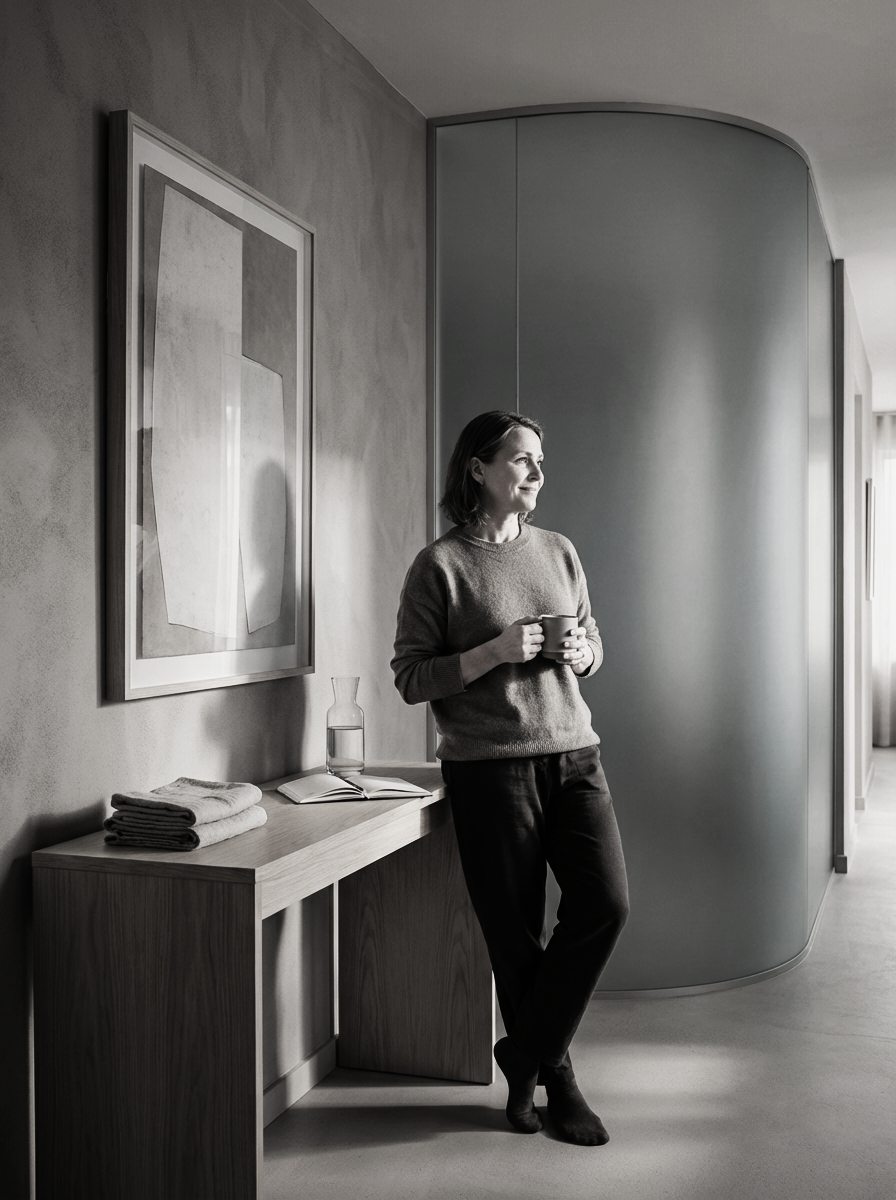 A person holding a mug standing in a modern, minimalistic room with a wooden table, a glass pitcher, a book, and towels, next to a curved wall and a large framed abstract art piece.