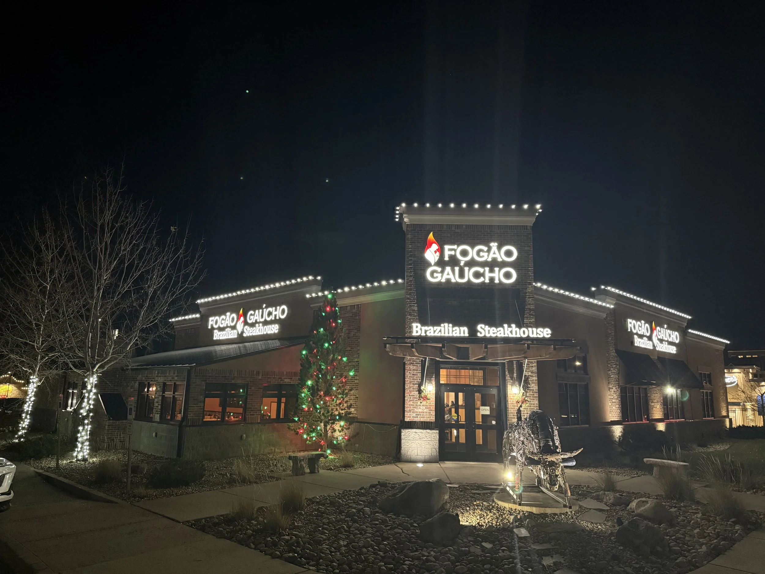 Christmas light installation on Brazilian Steakhouse in Bismarck – festive holiday LED lighting for restaurants