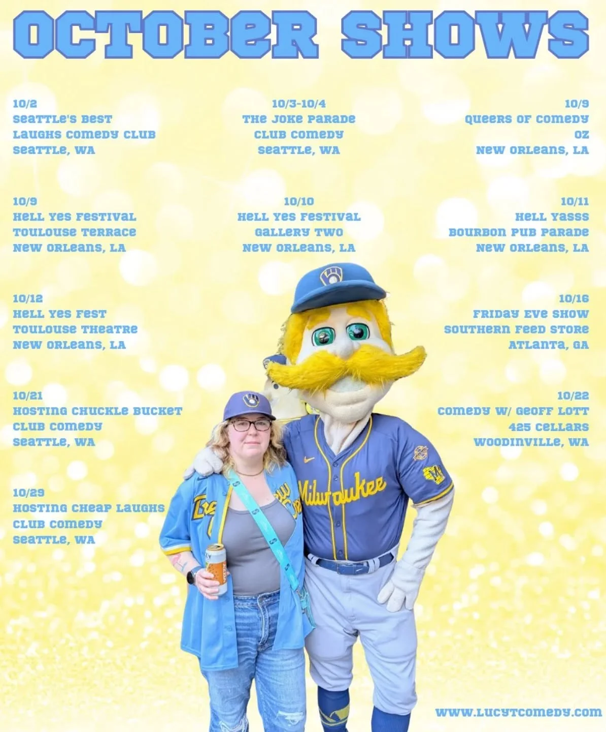 Here's what I have lined up so far for October, 
for when I'm not watching baseball. ⚾
Will add more as the month goes on! 🎤
Excited to head to NOLA for Hell Yes Fest! ⚜️

#october #calendar #upcomingshows #comedy #comedyshow #standupcomedy #comedia