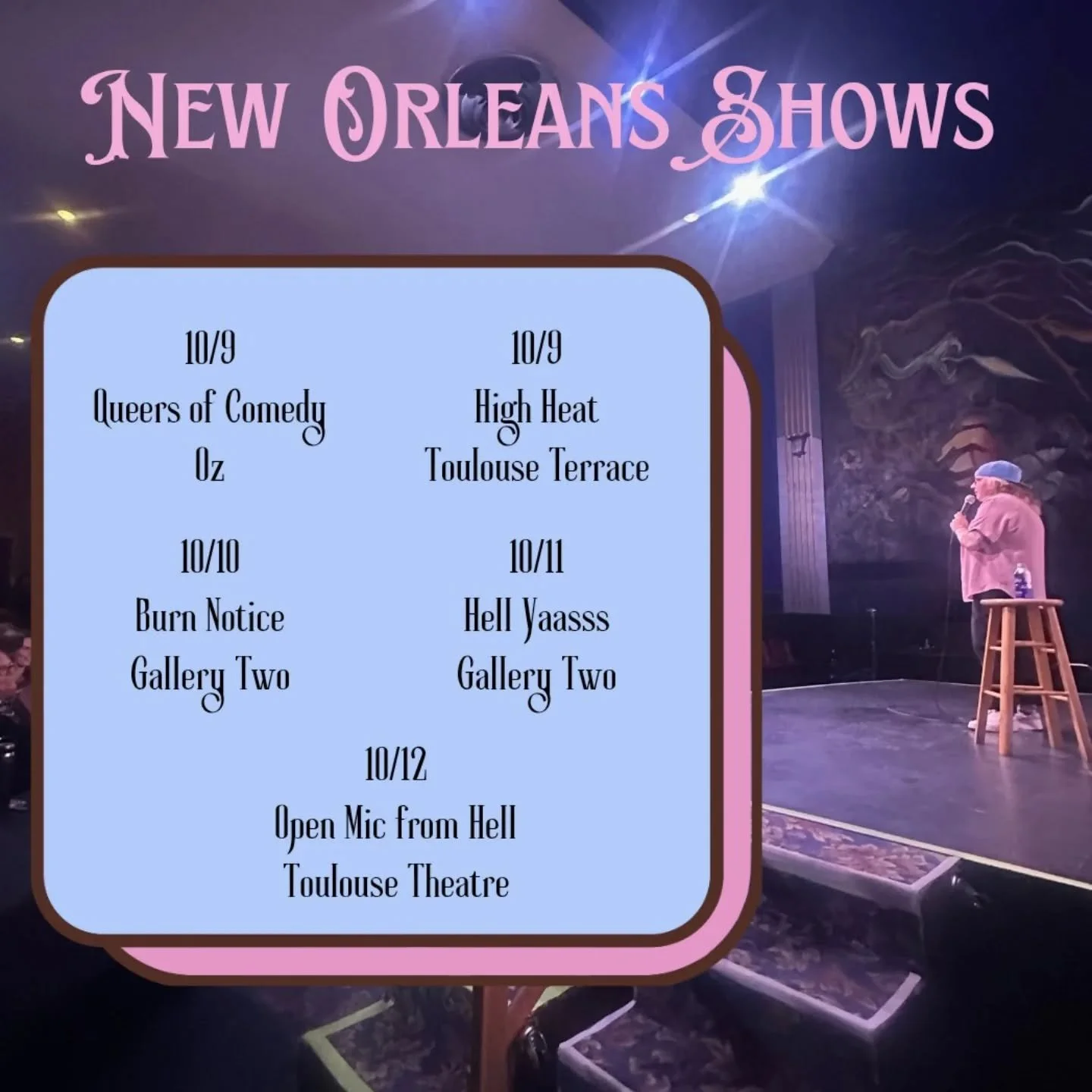 Heading down to New Orleans for Hell Yes Fest! ⚜️
Here's where I will be performing while I'm down there! 🎤

I don't know anyone there just posting this to brag really I guess lol 😌

#neworleans #nola #comedy #standup #standupcomedy #fest #festival