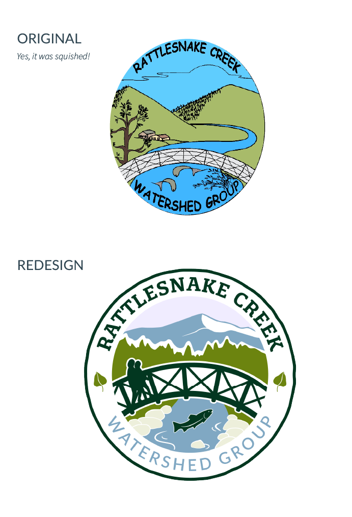 The badge graphic before and after