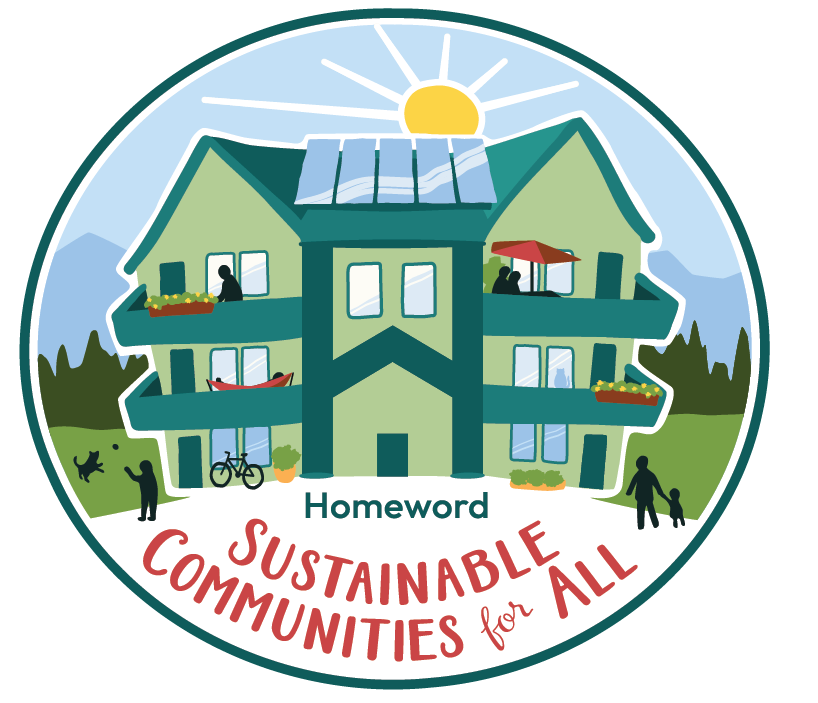 Illustration depicting a multifamily building built around the Homeword logo