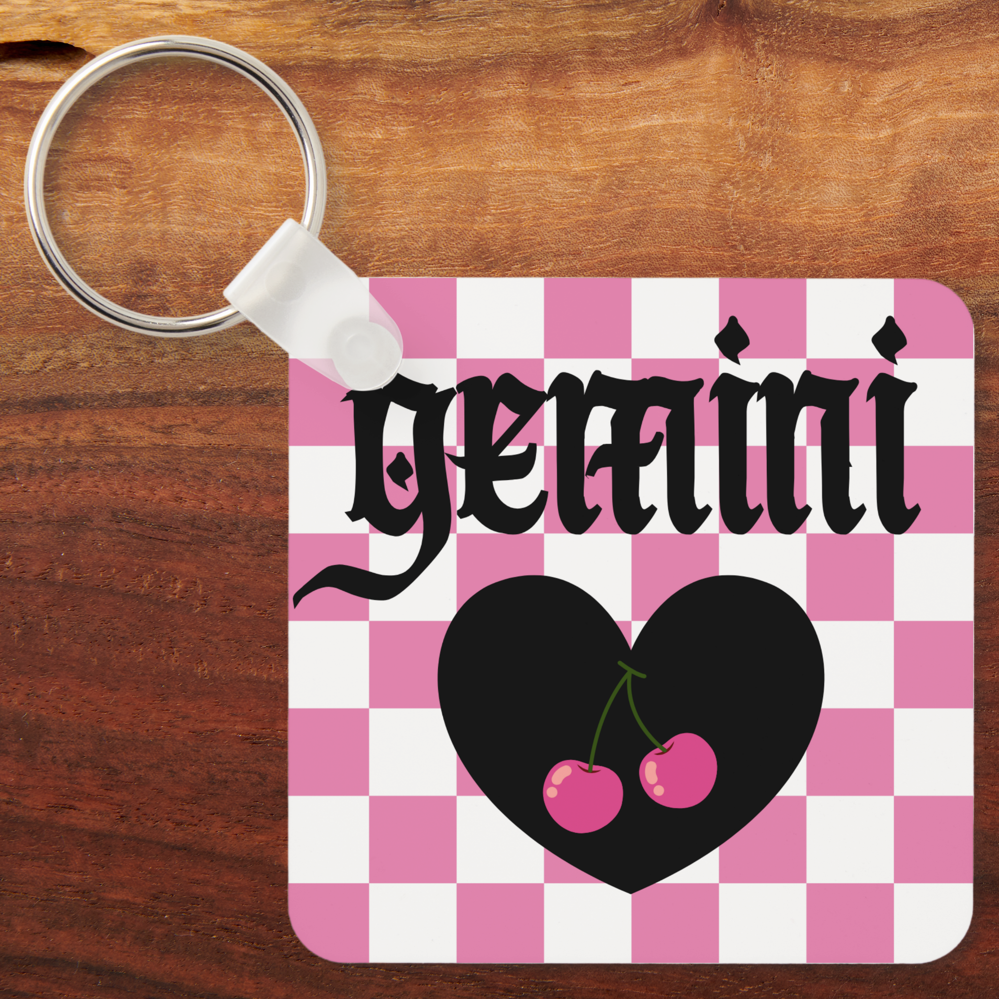 Zazzle Gemini Gothic Aesthetic Checkered Cherry Design Keychain (Front).png