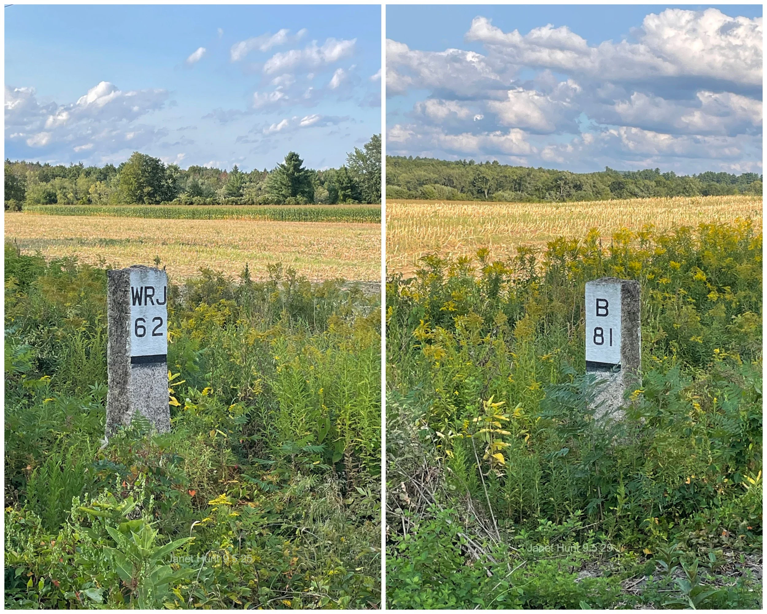 Granite Markers Near Boscawen Trail Head: WRJ = the number of miles from White River Junction. B = the number of miles from Boston Junction.