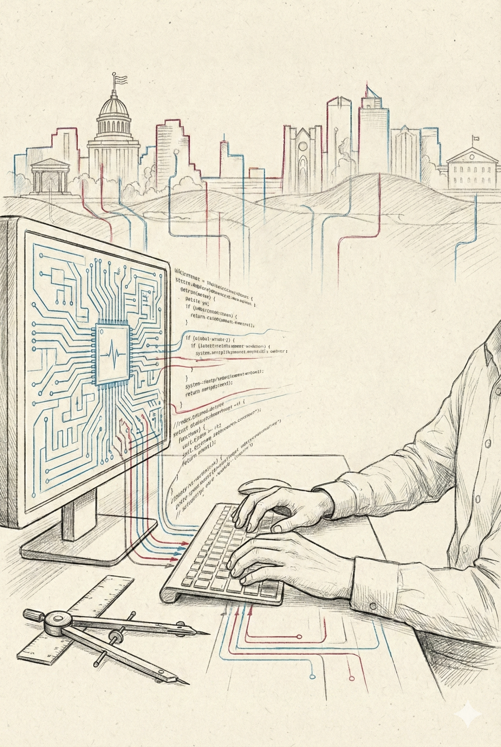 Engineer at desk building something that feeds energy to community.