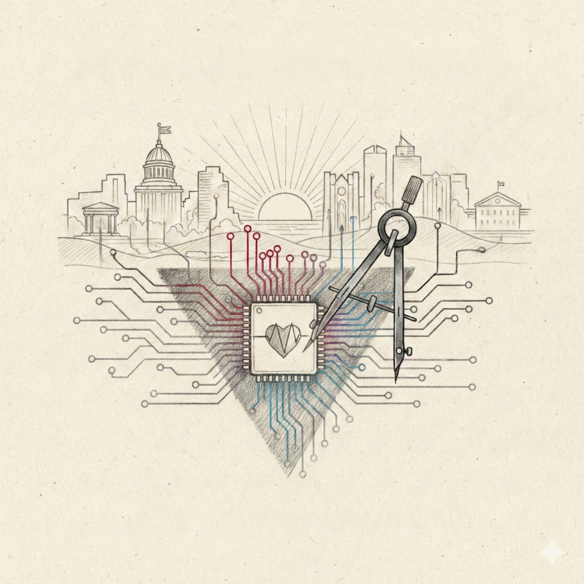 Computer chip and circuit feeding energy to a cityscape in the background.