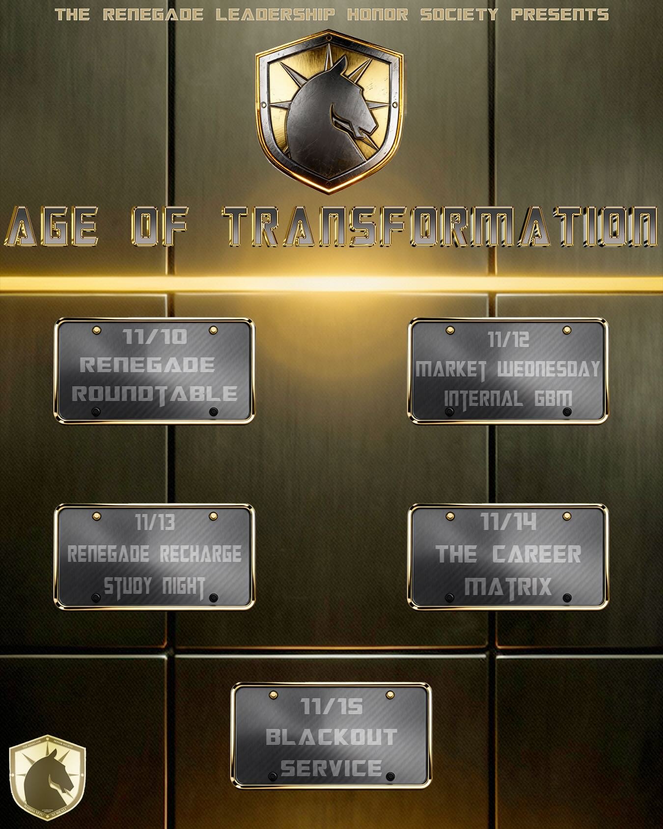 ⚙️ Age of Transformation: A Renegade Experience ⚙️
Get ready to shift into a new gear Nov. 10&ndash;15! Each day brings new opportunities to learn, lead, and transform alongside fellow changemakers. Power up your mind and transform your path.