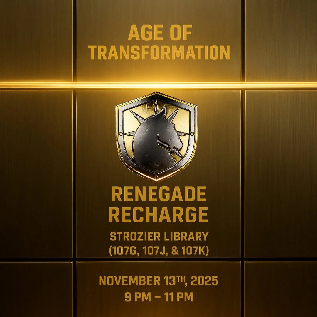 It&rsquo;s time to recharge!⚡
Join us tomorrow (Nov. 13) for Renegade Recharge, A study night to power through the rest of the semester! (Snacks and Drinks provided) 

Strozier Library | 9&ndash;11 PM