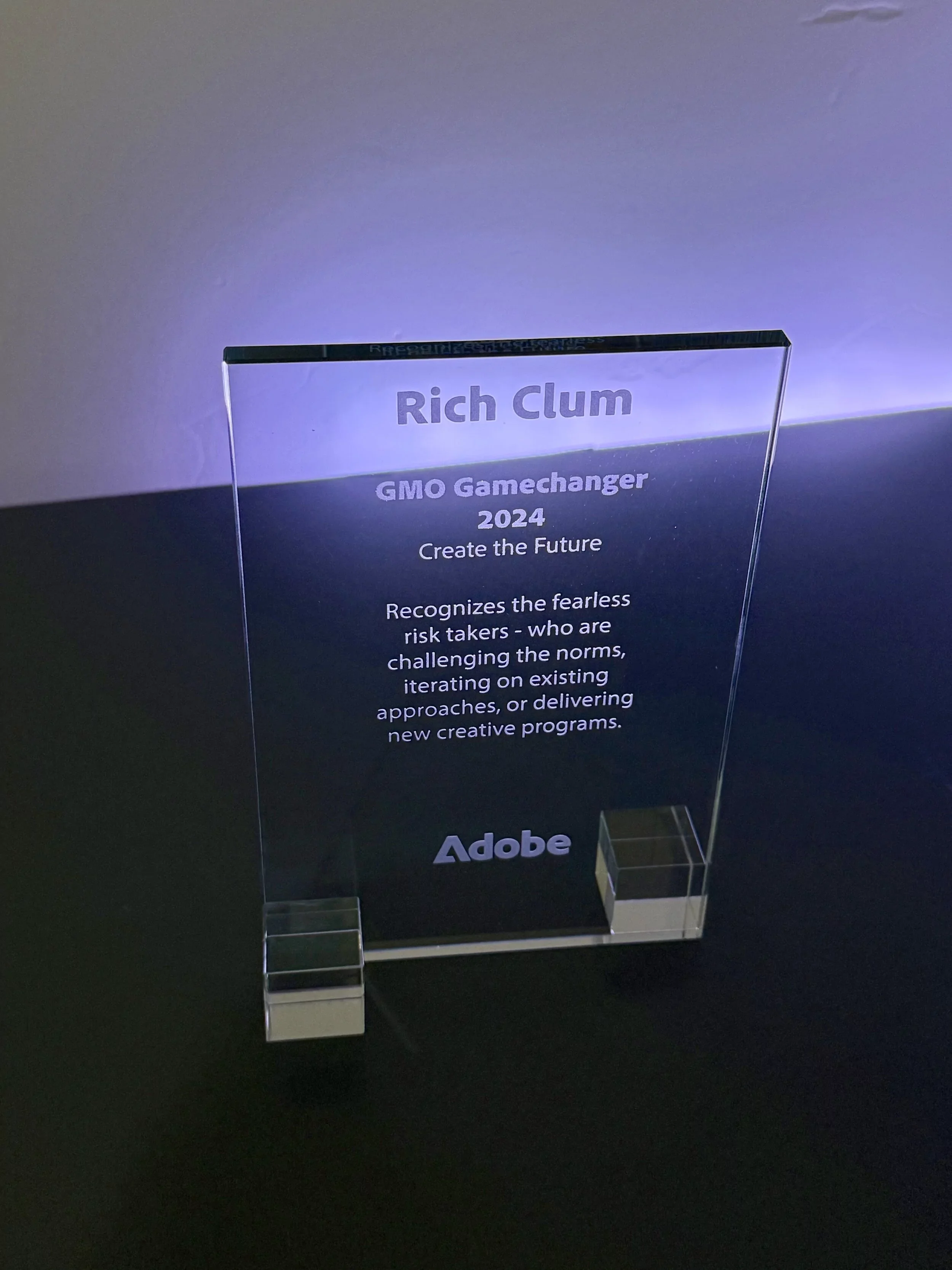 Rich Clum Adobe GMO Gamechanger 2024 Glass Plaque