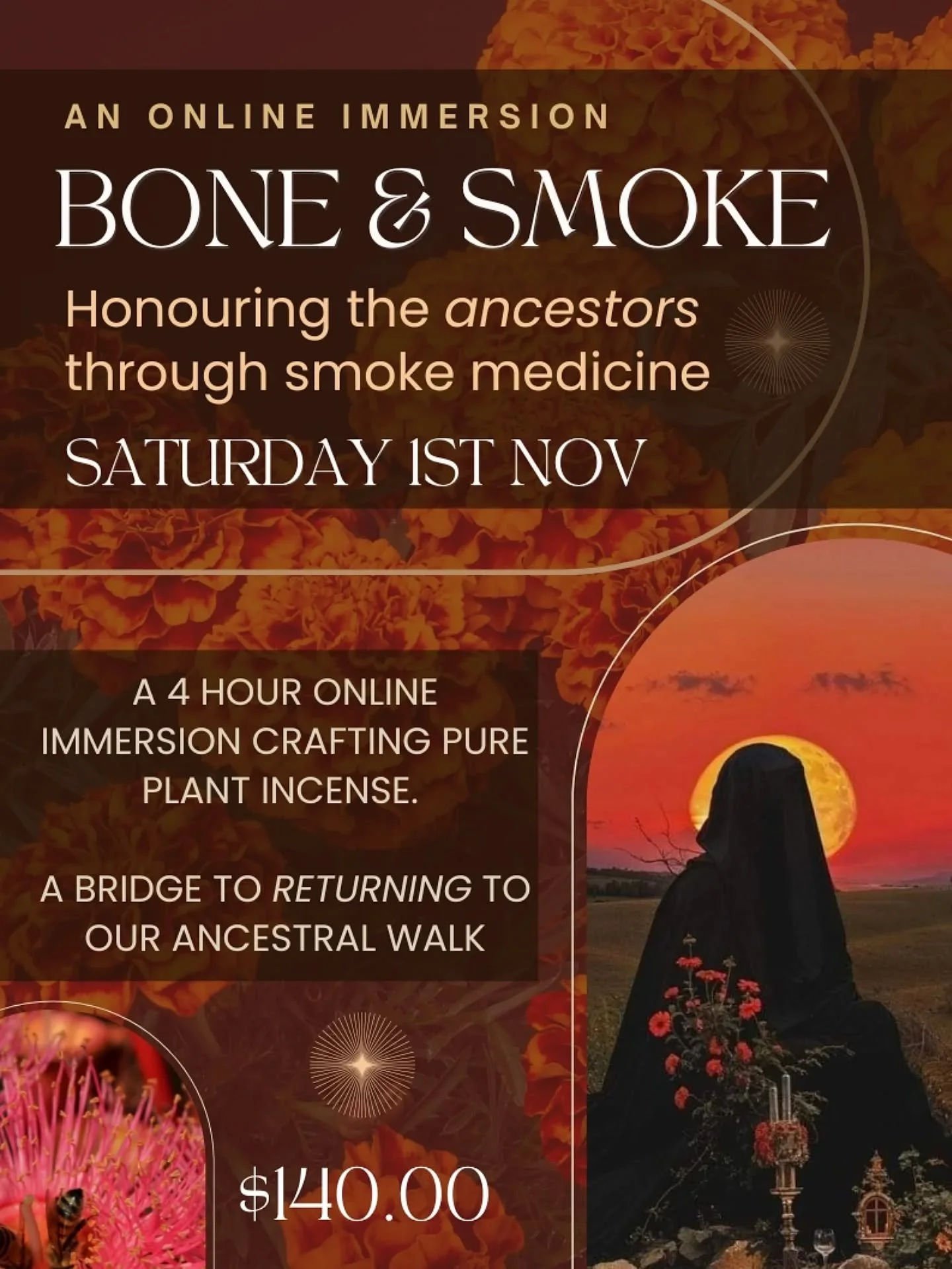 🖤BONE + SMOKE🖤 

Join me in time and space as we gather online to honour the ancestors through smoke medicine.
&nbsp;
We will sit with the plant kin of bone and smoke to hold us in reweaving connections to our motherlands. 

A 4 hour online immersi