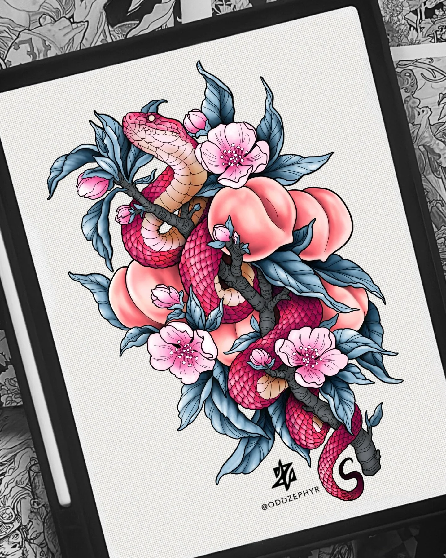 🌸 Available Tattoo Flash 🌸

Snake and Peaches tattoo flash I made a bit ago! I&rsquo;d love to start this on someone soon so I&rsquo;m offering this color palette at a discounted rate! This is meant to be for full back or large scale leg piece 🩵 B