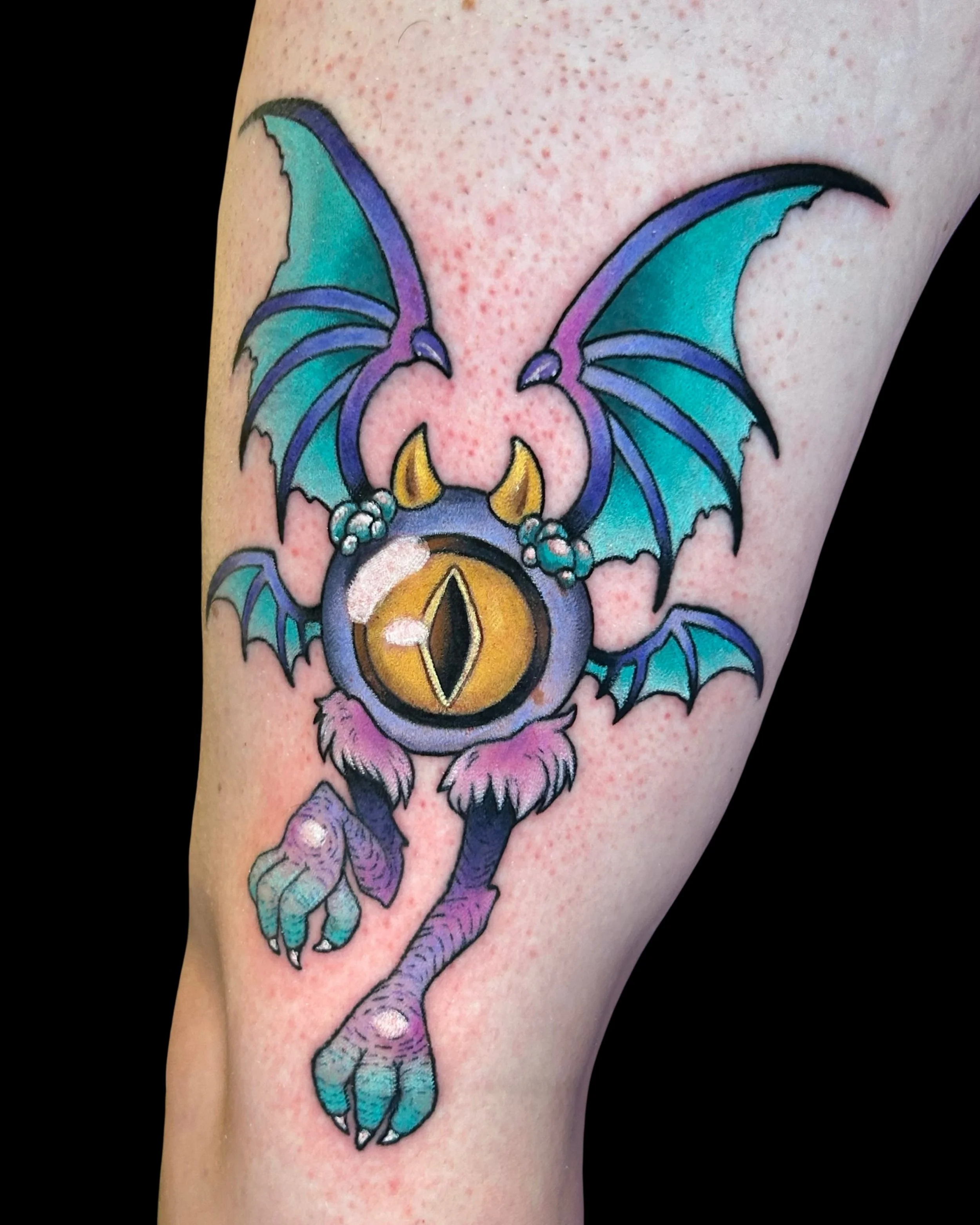 Baja Beholder 👁️✨

This little guy was built to be a nod to Zubat and Crobat but the color palette reminded us of the home of chalupas and dew. So this guy is now a combination Pokemon and Taco Bell tattoo. Thank you so much Austin for having me put