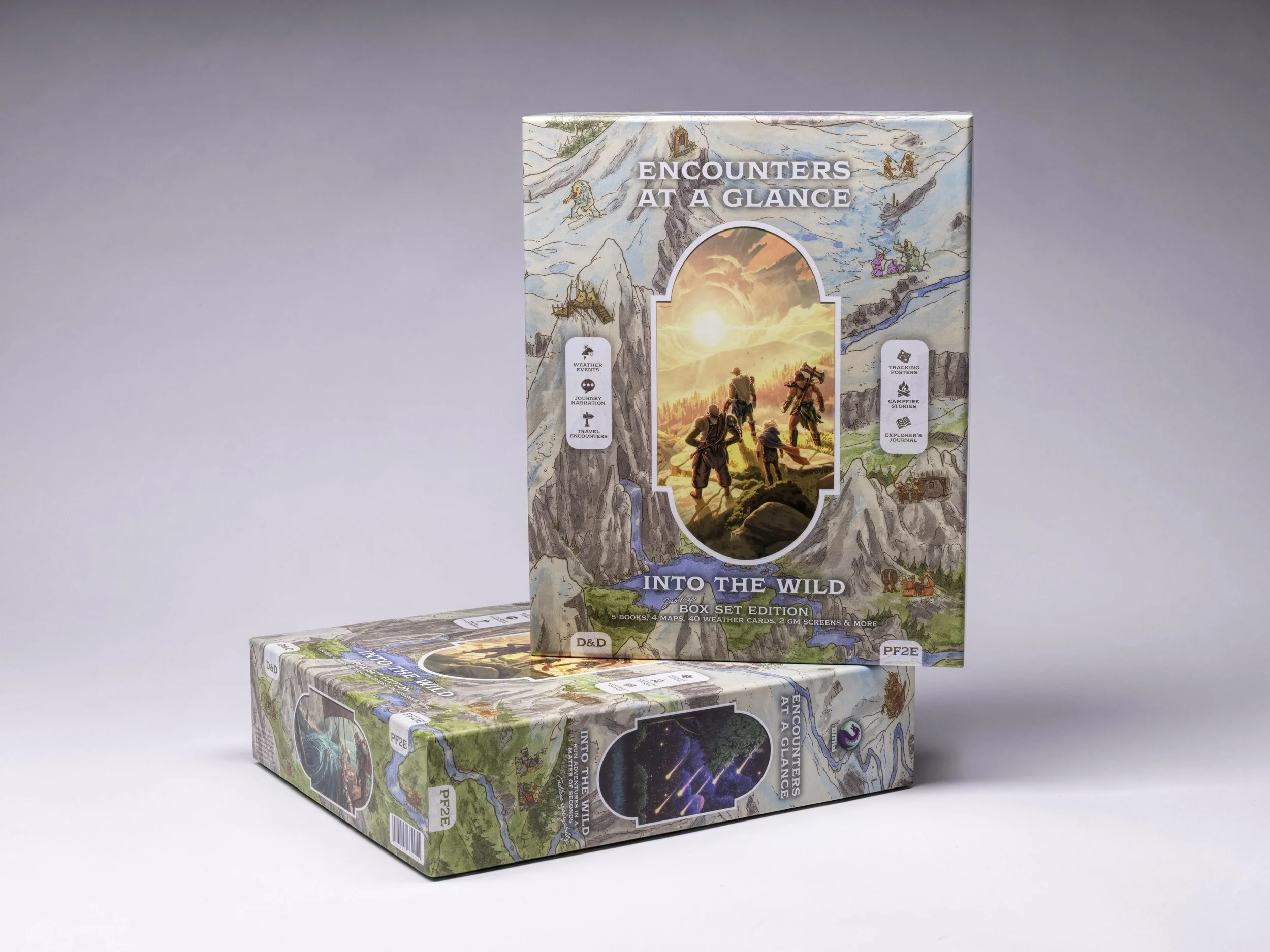 The Box Set includes: all four biomes, Explorer’s Journal, Weather Cards, GM screens, enamel pin, collectable coin, and map posters.