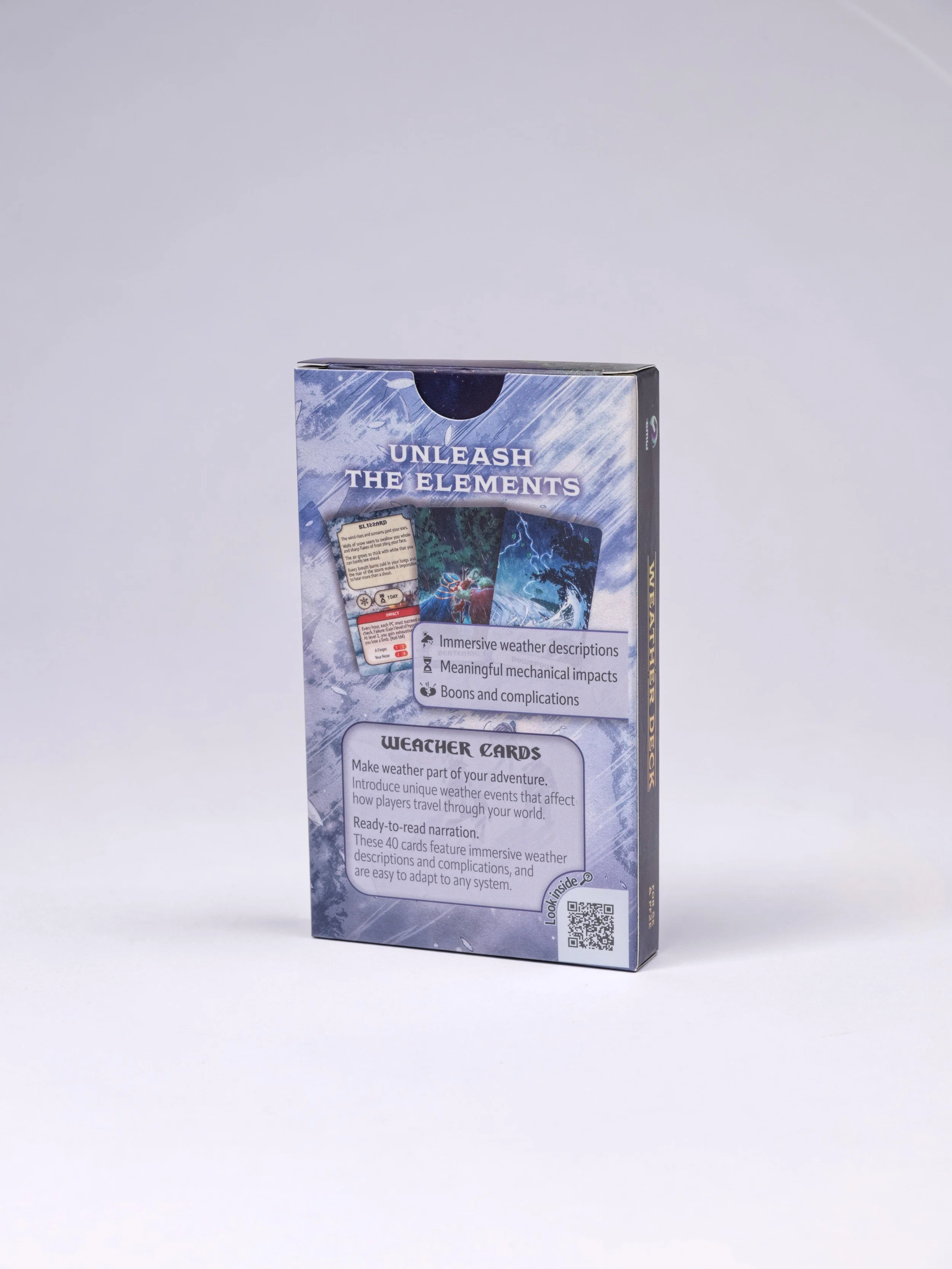 Back of the card box demonstrating new ways to immerse your players with one deck of cards.
