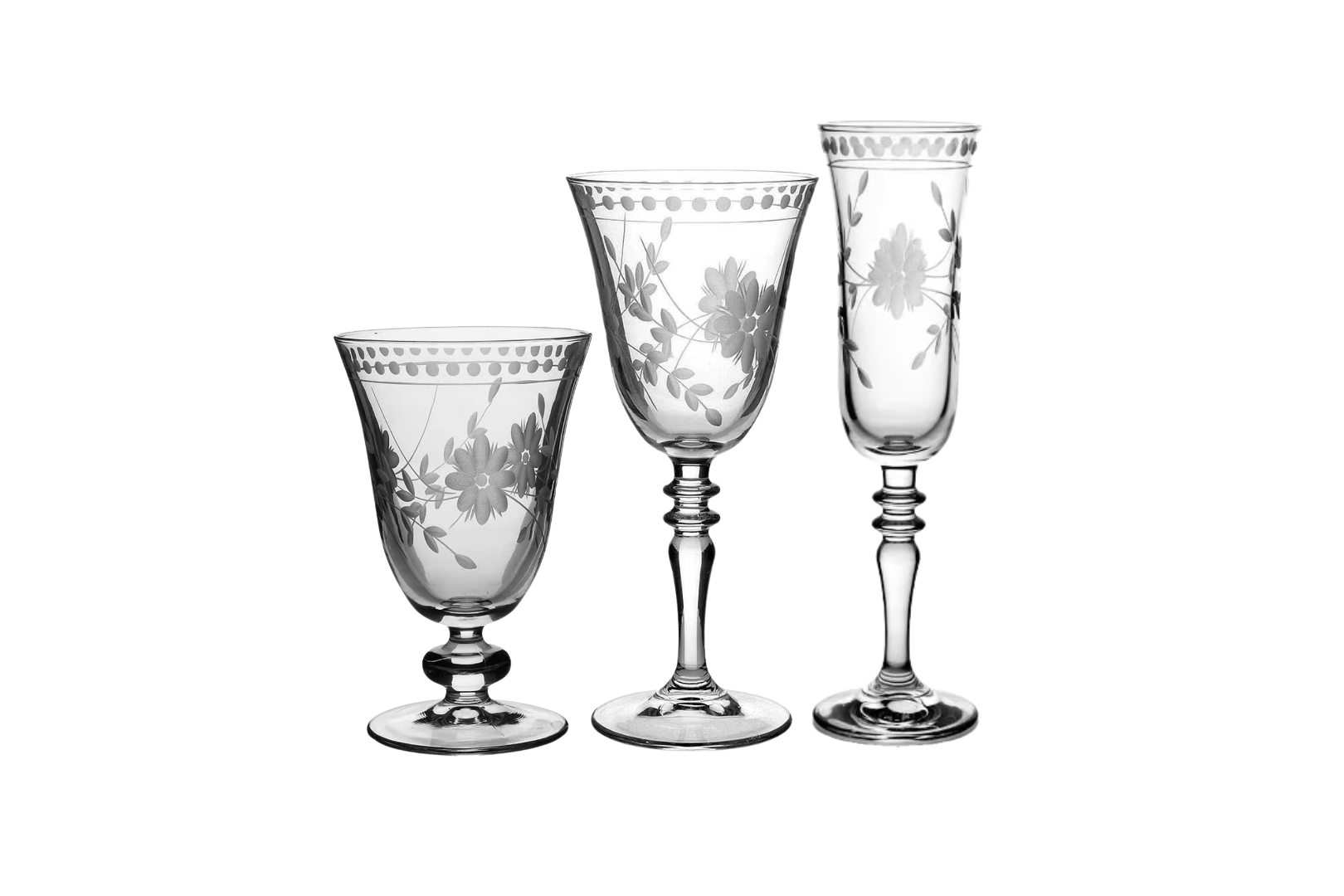 Floral Glassware for rent in austin