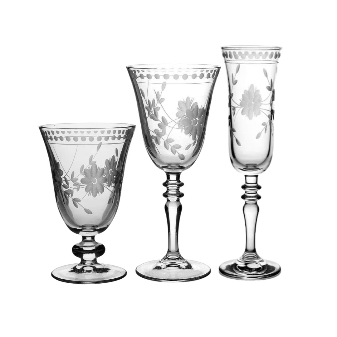 Floral Glassware for rent in austin texas