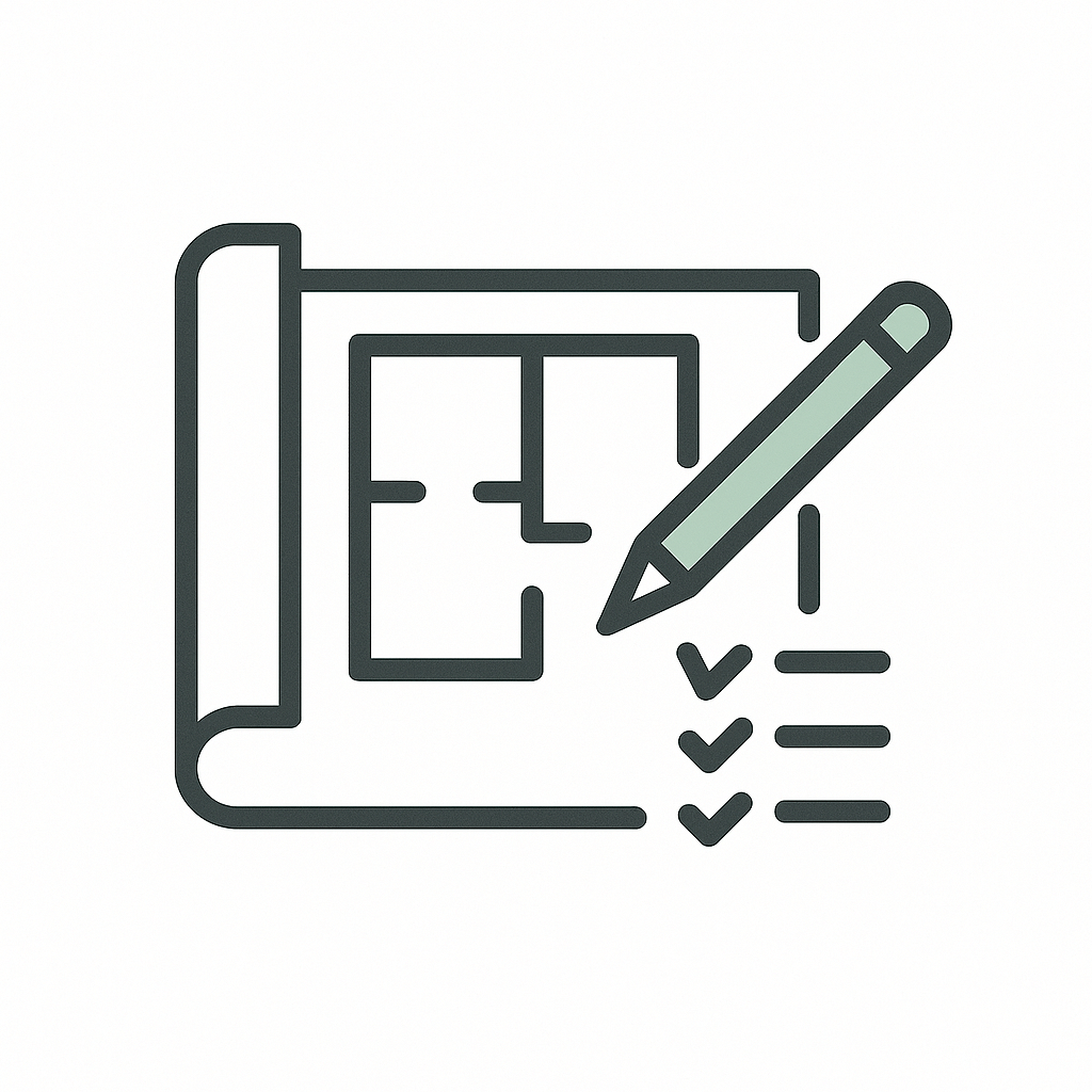 Icon of a blueprint and checklist with pencil representing project consultation and planning services by Dadak LLC.