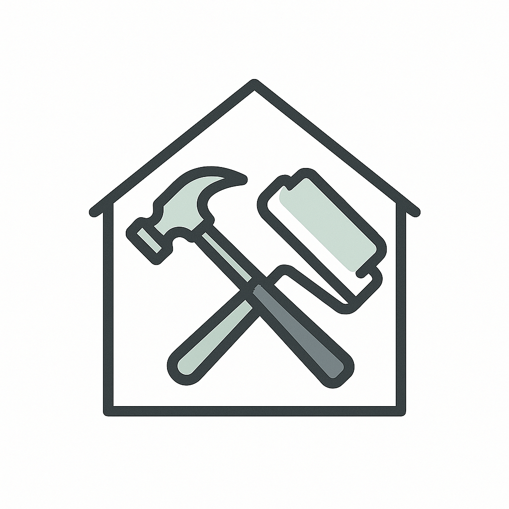 Icon of a hammer and paint roller inside a house outline representing home renovations and additions by Dadak LLC.