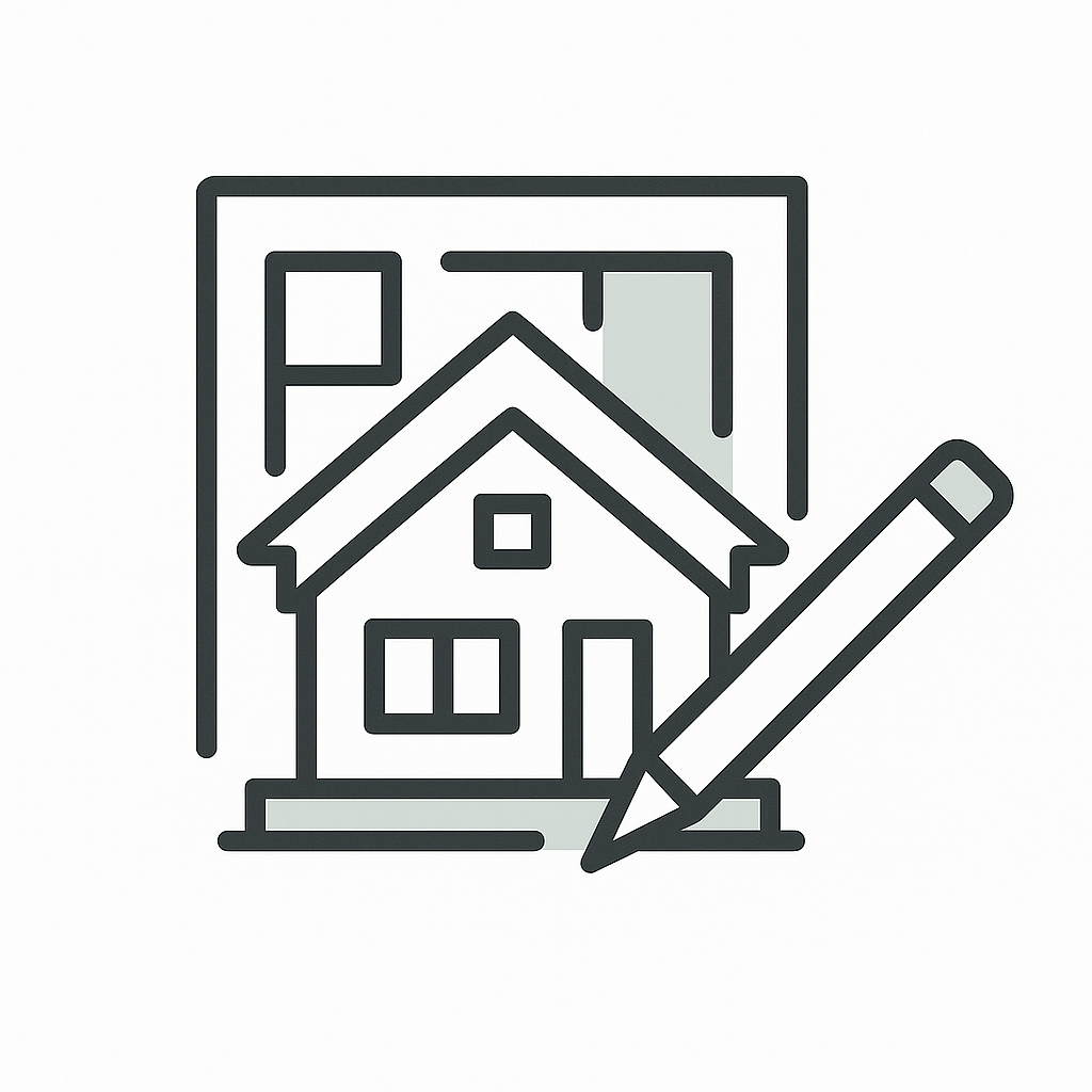 Icon of a modern house and blueprint pencil symbolizing custom home design and construction by Dadak LLC.