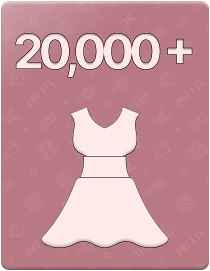 Graphic with large text '20,000+' and an illustration of a sleeveless dress on a pink background with faint icons.