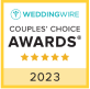 A logo for the Couples' Choice Awards 2023 by WeddingWire, featuring a gold ribbon with five stars.