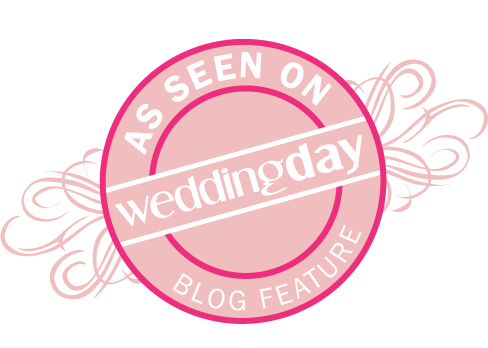 Pink circular badge with floral swirls labeled "As seen on WeddingDay Blog feature."