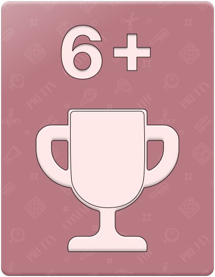 A pink card with a white trophy icon in the center and the text '6+' above it.