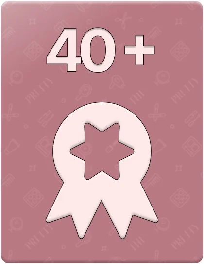 A pink background card with white text reading '40+', featuring a star-shaped medal icon.