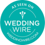 Wedding Wire logo with a teal background and white text reading 'As Seen on Wedding Wire'