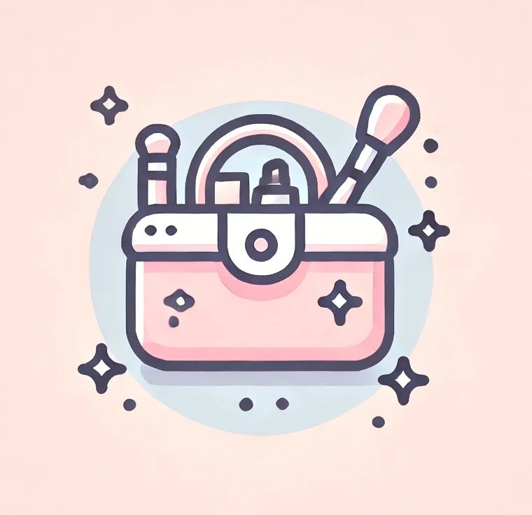 A pink makeup bag with brushes and beauty tools inside, surrounded by sparkles and a light blue circle.