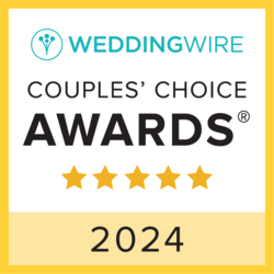 WeddingWire Couples' Choice Awards 2024 logo with five gold stars and a yellow background.