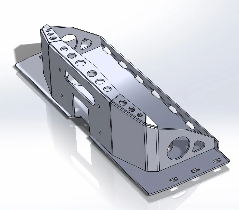 3D CAD model of a metal mechanical part with multiple holes and cutouts, mounted on a flat base.