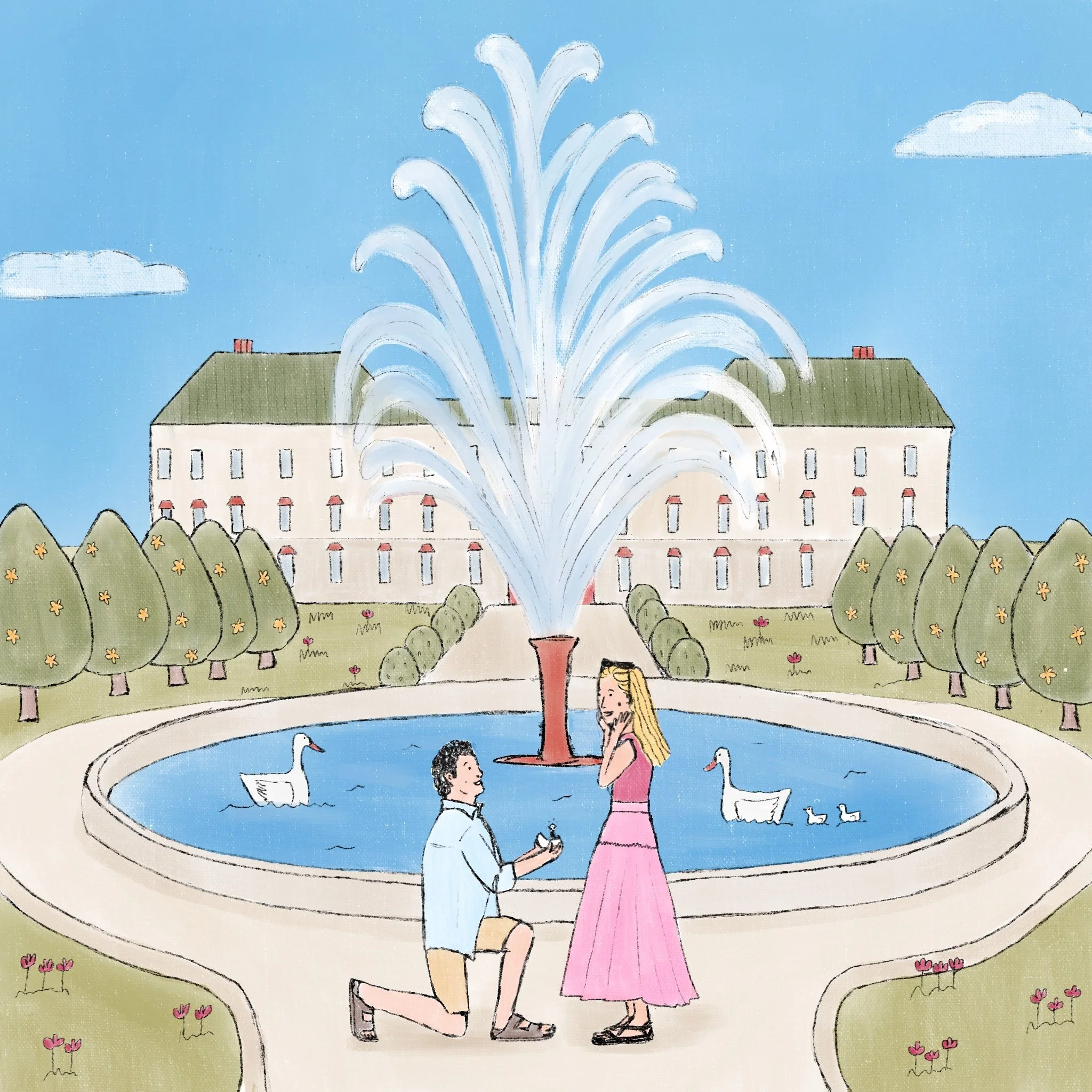 A colorful illustration of a fountain at the center of a park with a man proposing to a woman. The fountain is surrounded by lush green bushes with yellow flowers, and there are swans and ducks in the water. The background shows a building and a blue sky with clouds.